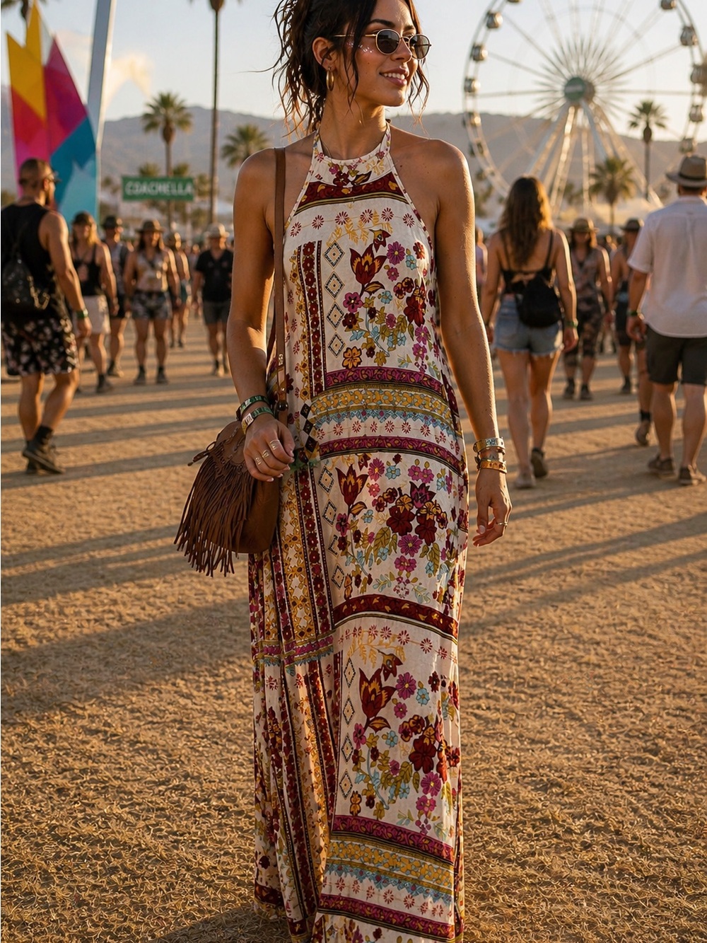 H&M Cream Boho Halter Maxi Dress with Burgundy & Pink Floral